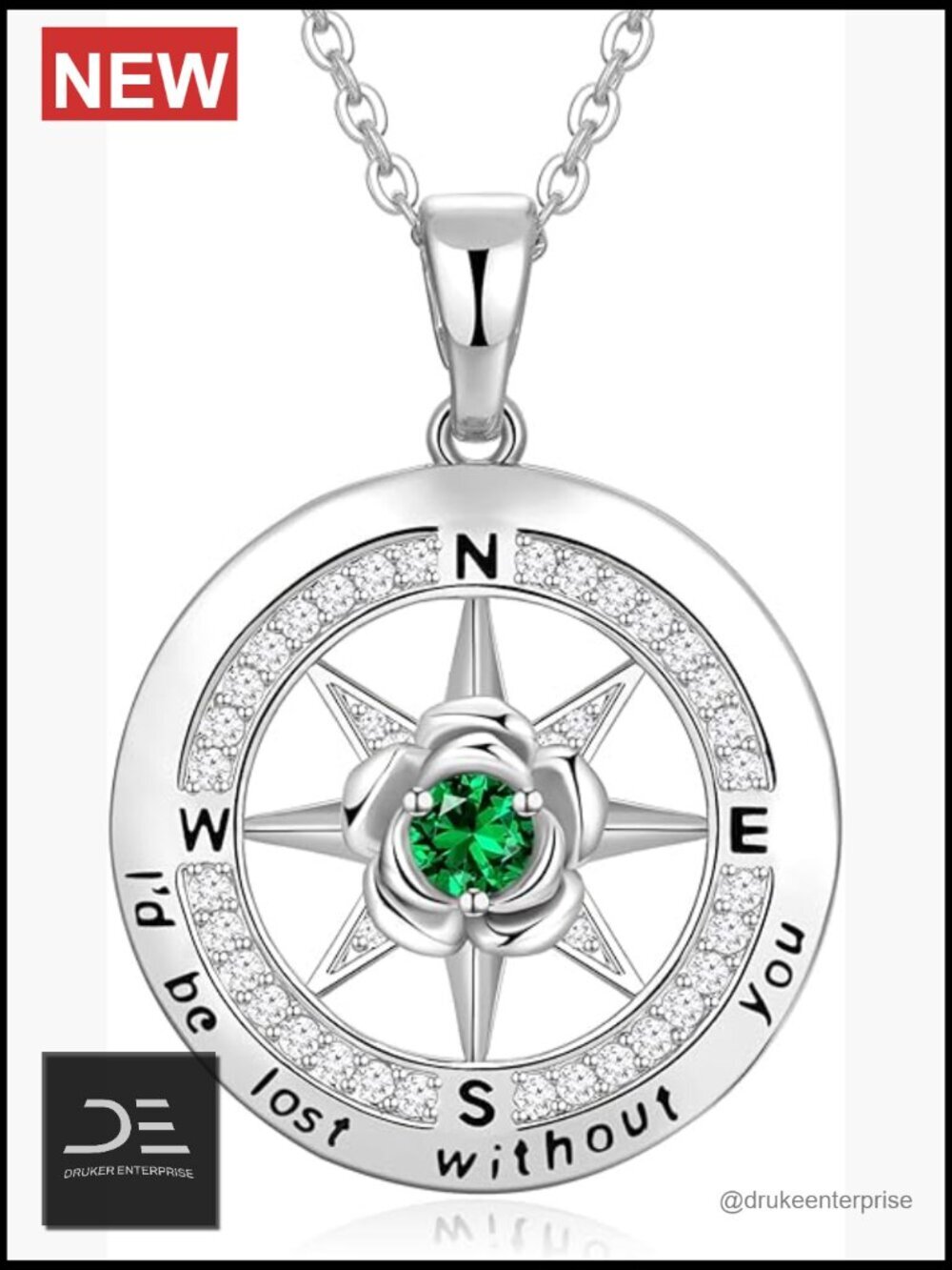 925 Sterling Silver Rose Compass Pendant Necklace with Cubic Zirconia